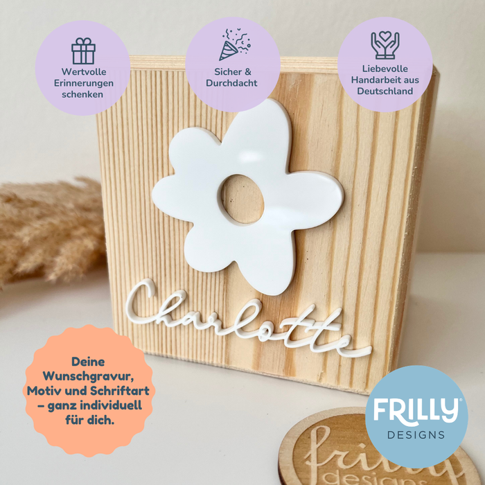 Spardose personalisiert mit Namen, Gänseblümchen aus Holz