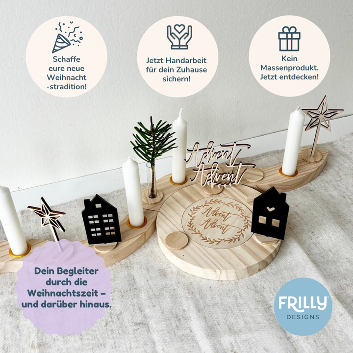 Advent Advent Weihnachts-Set – Moderner Adventskranz aus Holz