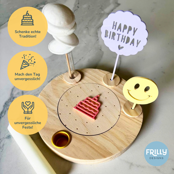 Geburtstagsteller mit bunten Happy Birthday & Glücksgesicht Steckern – Lila Set