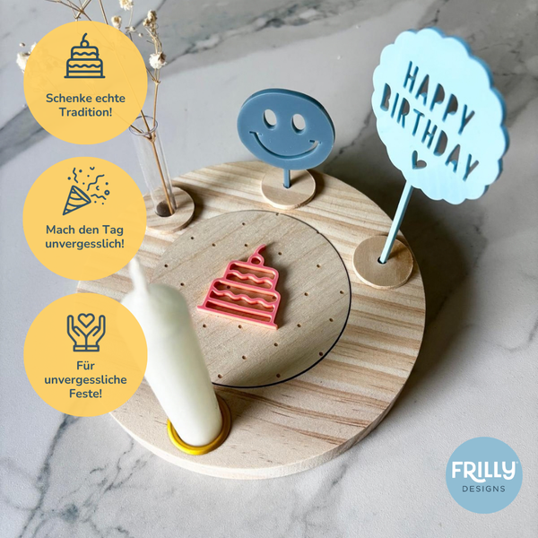 Geburtstagsteller mit blauem Happy Birthday Stecker und Glücksgesicht Set