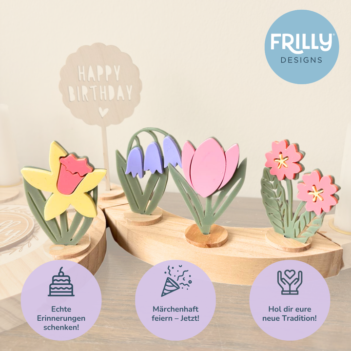 Märchenhaftes Blumen-Stecker Set aus Acryl – Für Geburtstagsring & Torte