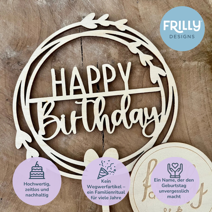 Herzkranz Cake Topper aus Holz mit Name | Kuchendeko