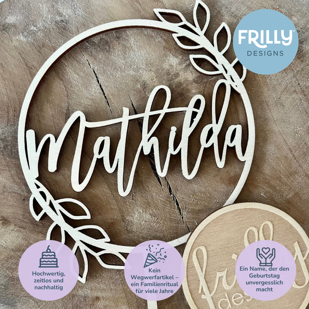 Blatt Kranz Cake Topper aus Holz mit Name | Kuchendeko