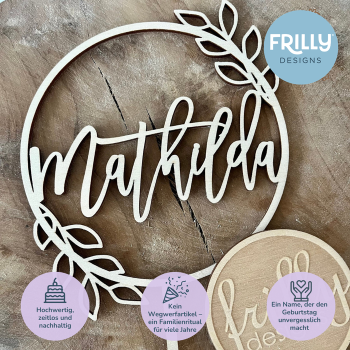 Blatt Kranz Cake Topper aus Holz mit Name | Kuchendeko