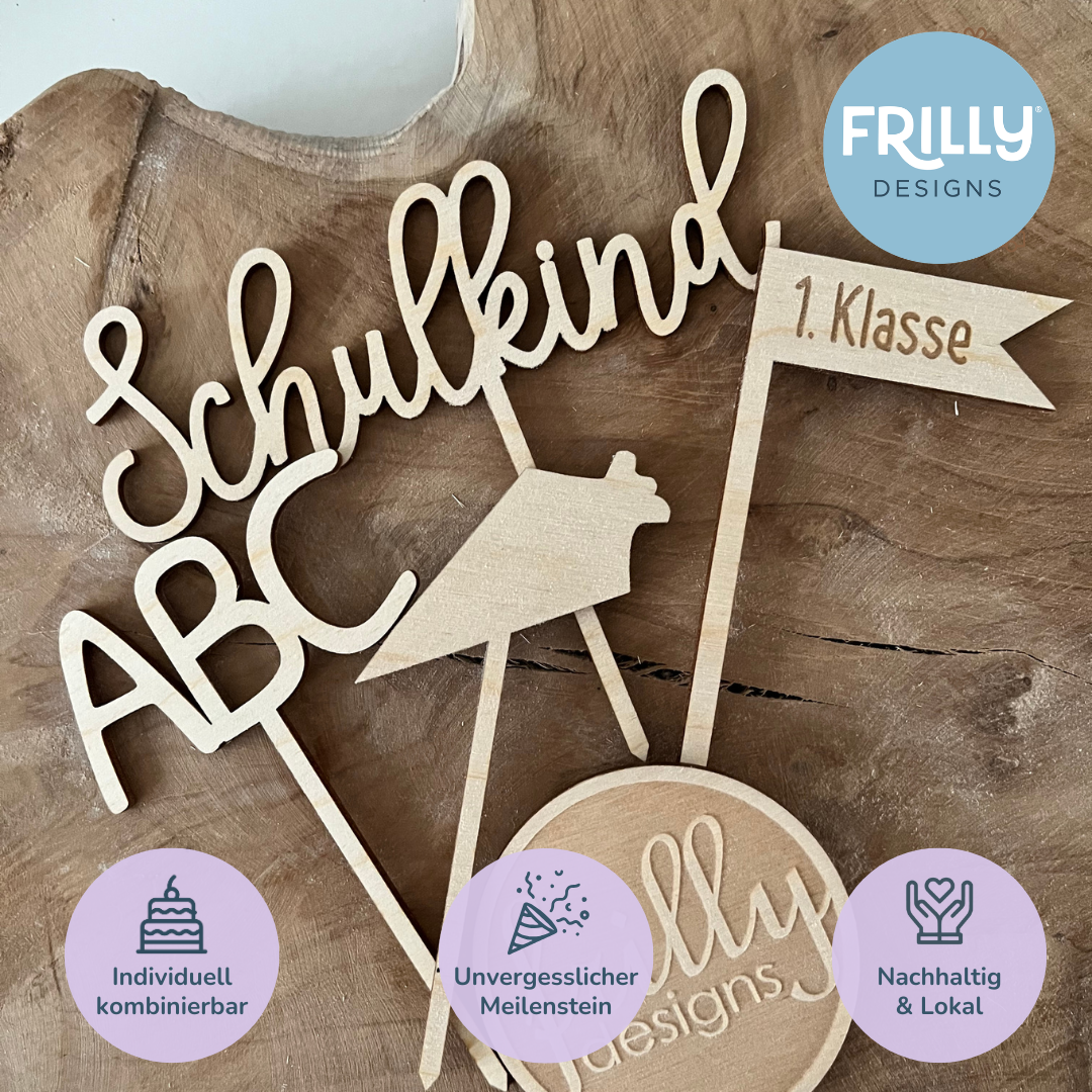 Holz Cake Topper Einschulung | Nachhaltige Schulanfangs Deko & Kuchendeko Set