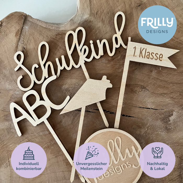 Holz Cake Topper Einschulung | Nachhaltige Schulanfangs Deko & Kuchendeko Set