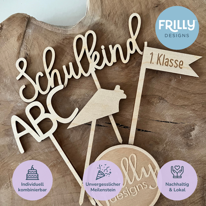 Holz Cake Topper Einschulung | Nachhaltige Schulanfangs Deko & Kuchendeko Set