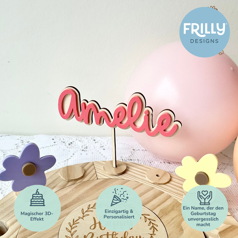 3D Cake Topper aus Holz & Acryl mit Name bunte Farben