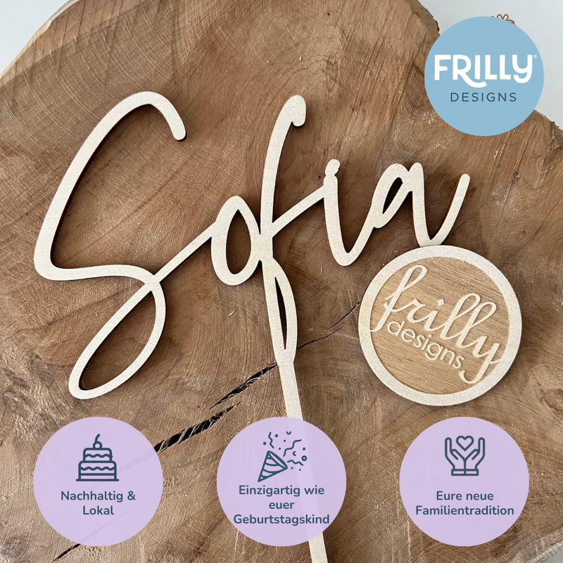Verschnörkelter Cake Topper aus Holz mit Name
