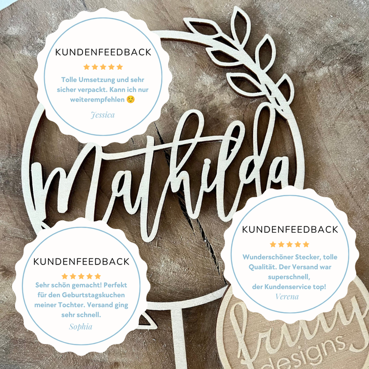 Blatt Kranz Cake Topper aus Holz mit Name | Kuchendeko