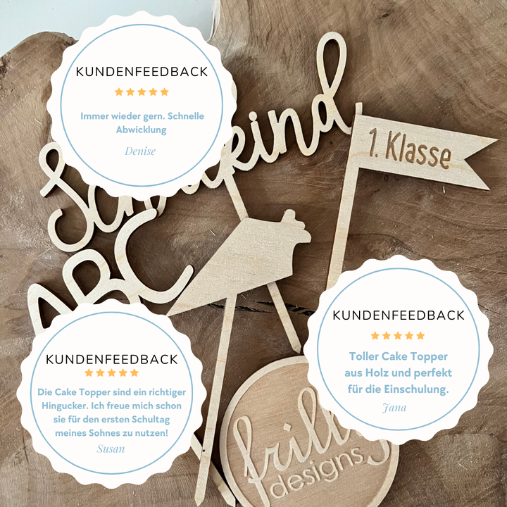 Holz Cake Topper Einschulung | Nachhaltige Schulanfangs Deko & Kuchendeko Set