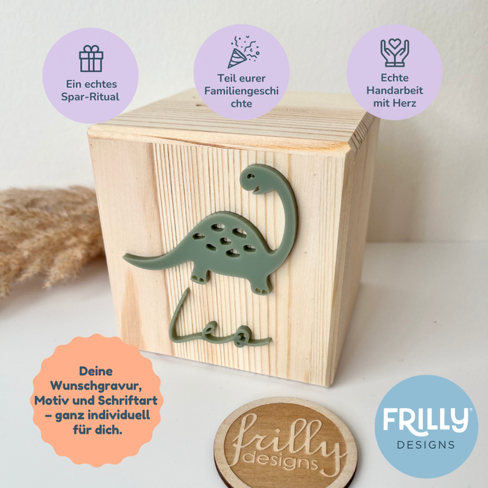 Personalisierte Spardose aus Holz mit Dino-Motiv & 3D-Schrift