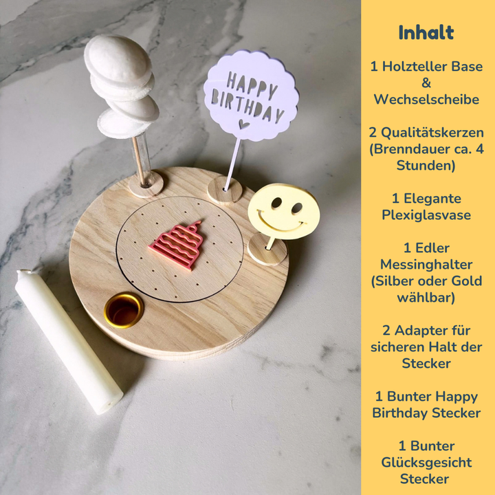 Geburtstagsteller mit bunten Happy Birthday & Glücksgesicht Steckern – Lila Set