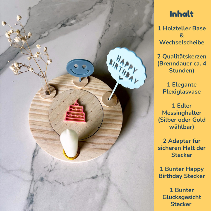 Geburtstagsteller mit blauem Happy Birthday Stecker und Glücksgesicht Set