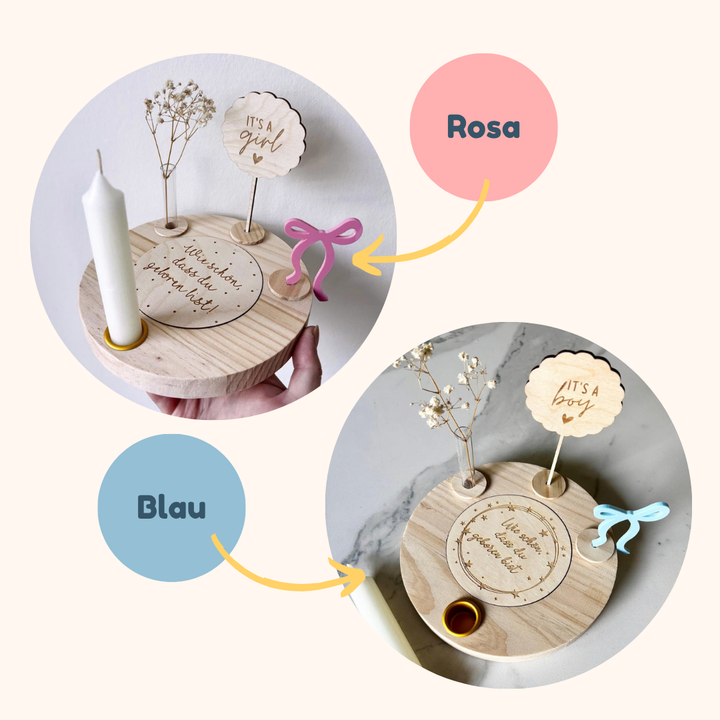 Geburtstagsteller It's a Boy Set – Holz-Set mit „Wie schön dass du geboren bist“ & Schleifen-Stecker