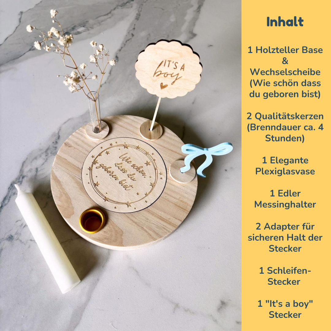 Geburtstagsteller It's a Boy Set – Holz-Set mit „Wie schön dass du geboren bist“ & Schleifen-Stecker