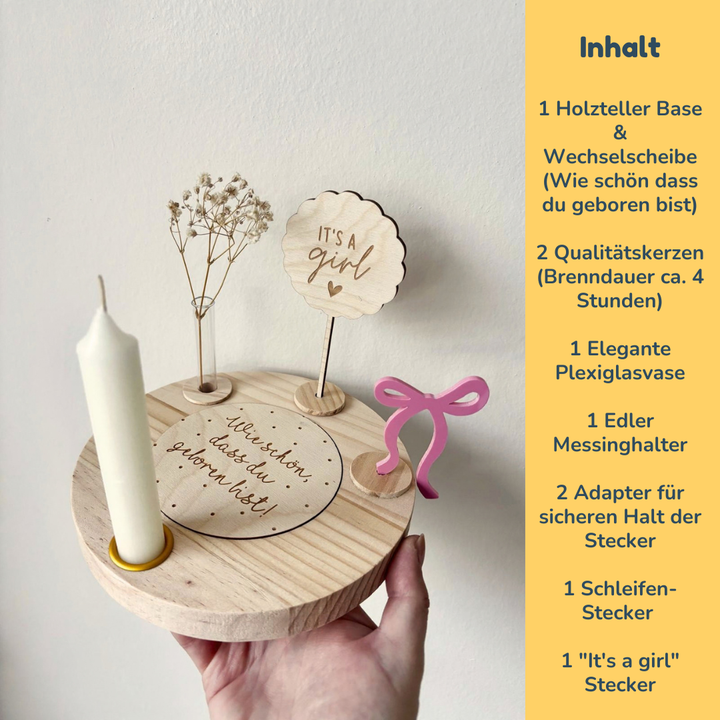 Geburtstagsteller It’s a Girl Set – Holz mit Schleife & „Wie schön dass du geboren bist“