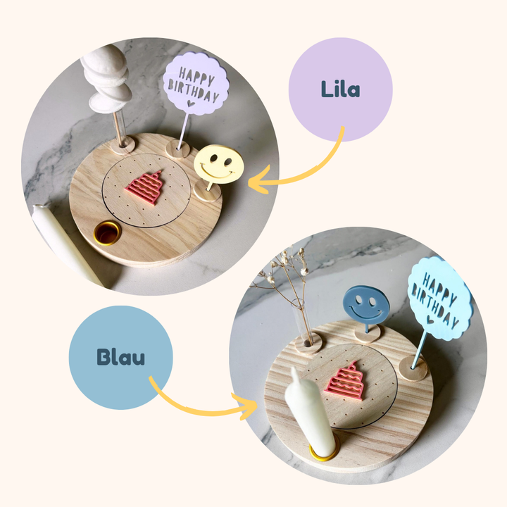 Geburtstagsteller mit bunten Happy Birthday & Glücksgesicht Steckern – Lila Set