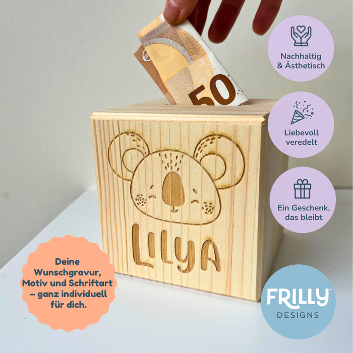 Personalisierte Spardose Holz Gravur | Geschenk Taufe & Geburt