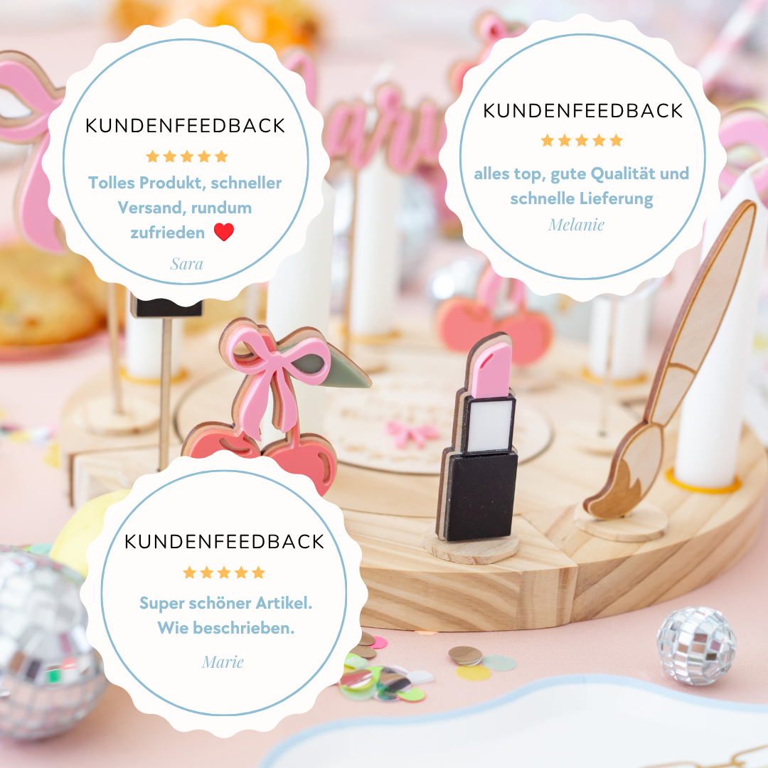 Kosmetik Stecker Set aus Holz & Acryl für Geburtstagskranz