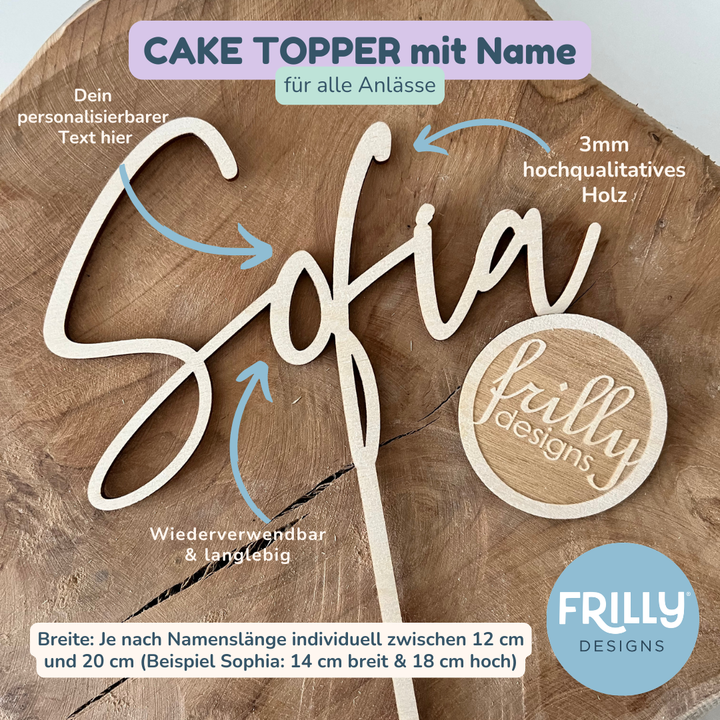 Verschnörkelter Cake Topper aus Holz mit Name