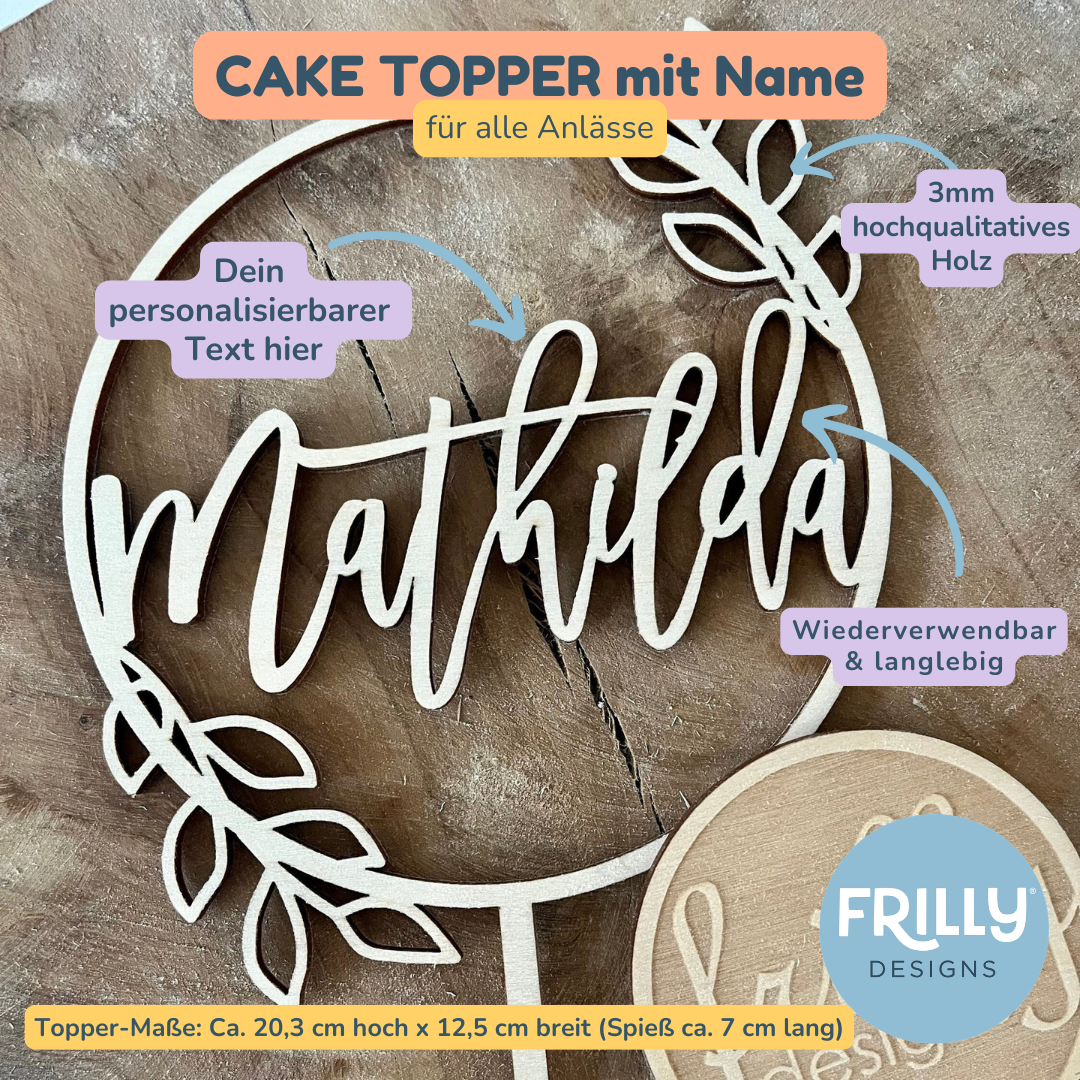 Blatt Kranz Cake Topper aus Holz mit Name | Kuchendeko