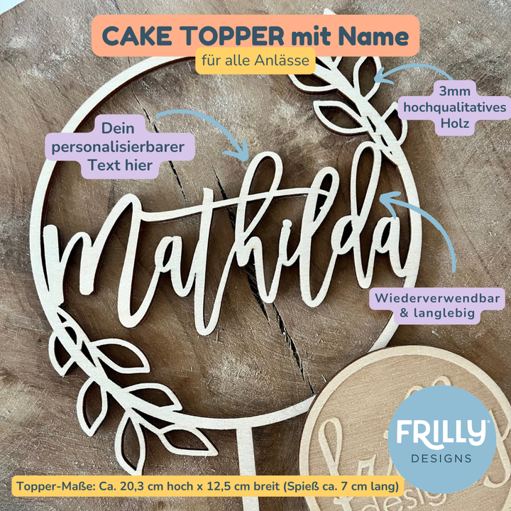 Blatt Kranz Cake Topper aus Holz mit Name | Kuchendeko