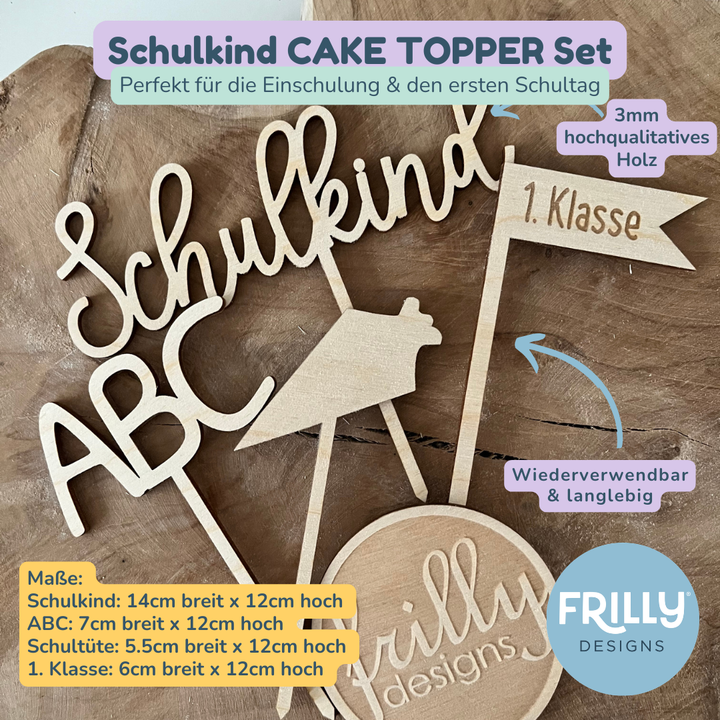 Holz Cake Topper Einschulung | Nachhaltige Schulanfangs Deko & Kuchendeko Set