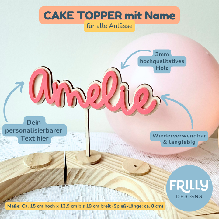 3D Cake Topper aus Holz & Acryl mit Name bunte Farben