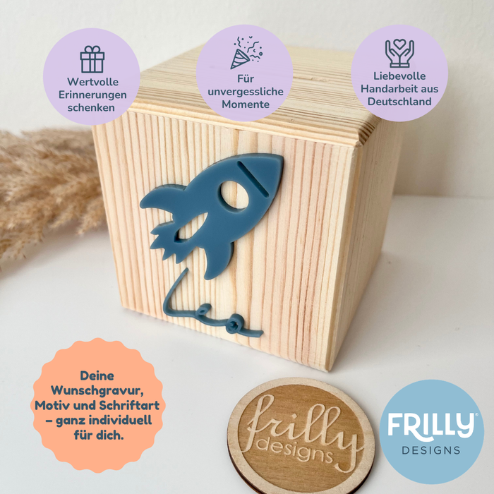 Spardose personalisiert mit Namen, Rakete, Unikat aus Holz