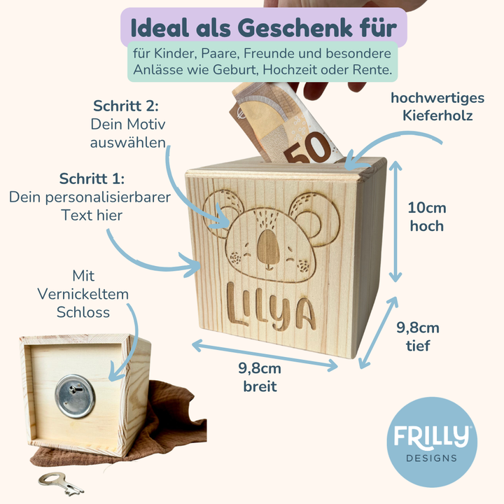 Personalisierte Spardose Holz Gravur | Geschenk Taufe & Geburt