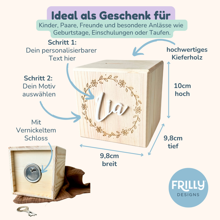 Personalisierte Spardose aus Holz mit 3D-Namen & Kranz
