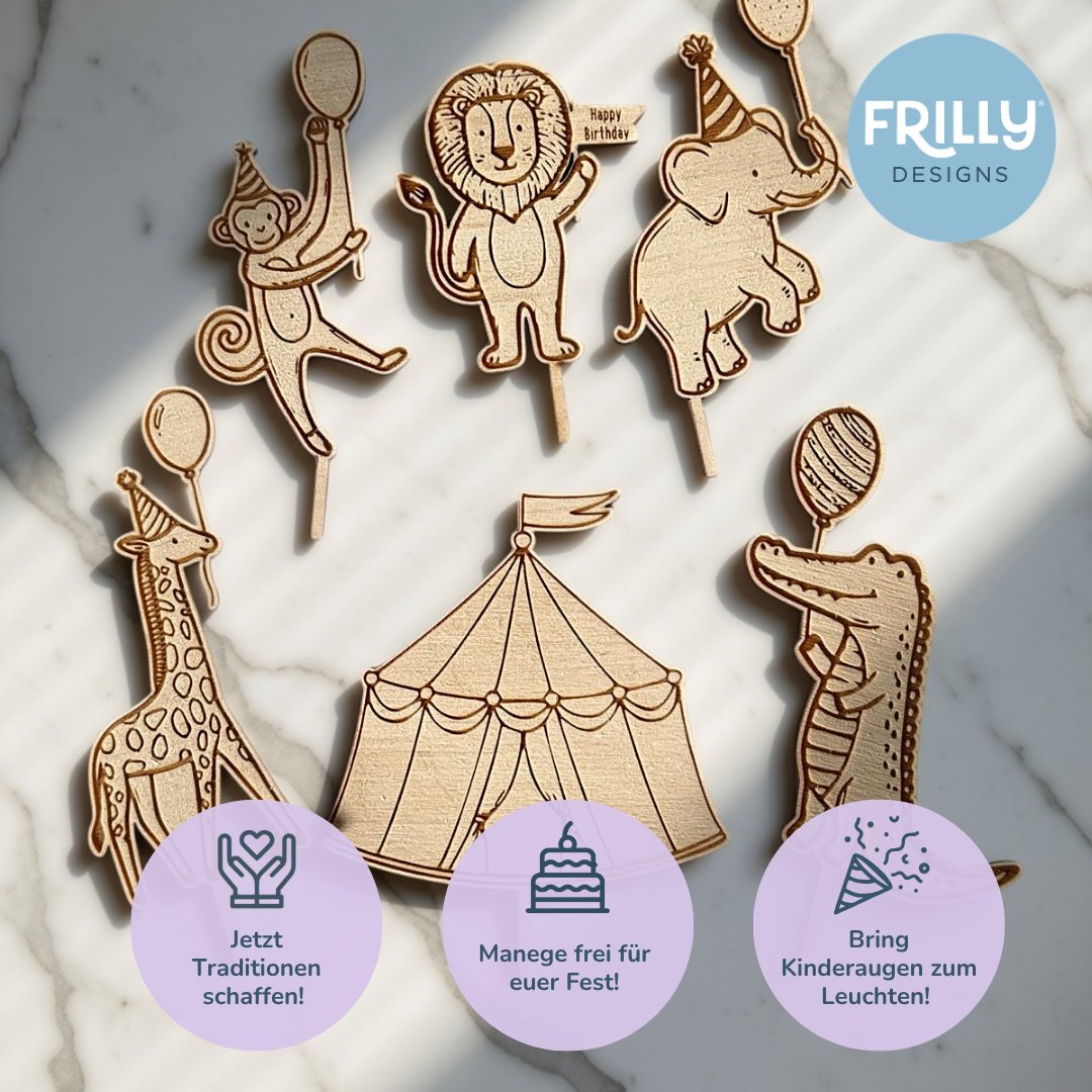 Lustige Partytiere Set – Gravierte Holz-Stecker für Geburtstagsring & Torte
