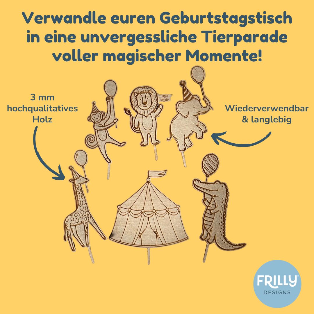 Lustige Partytiere Set – Gravierte Holz-Stecker für Geburtstagsring & Torte