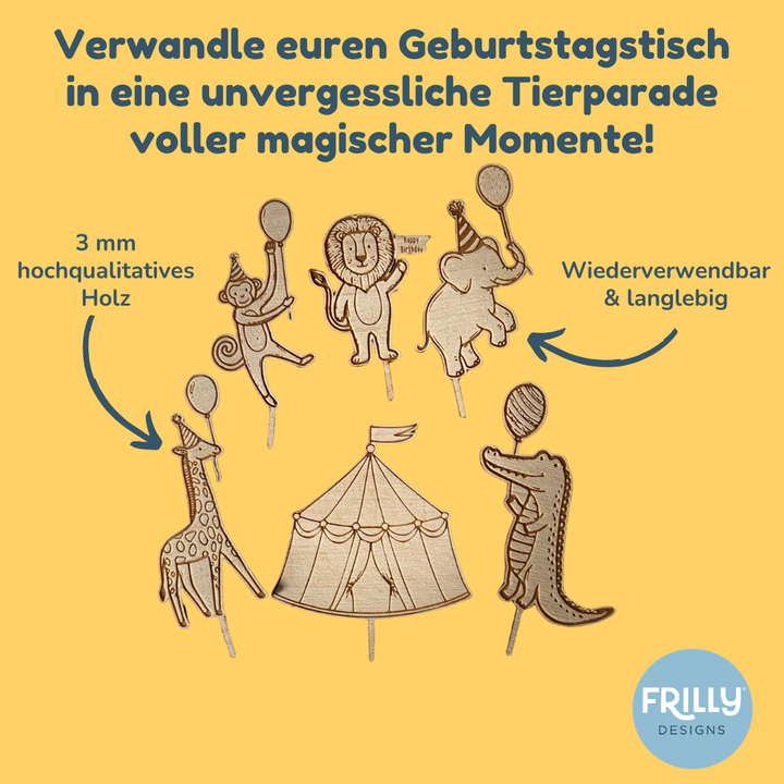 Lustige Partytiere Set – Gravierte Holz-Stecker für Geburtstagsring & Torte