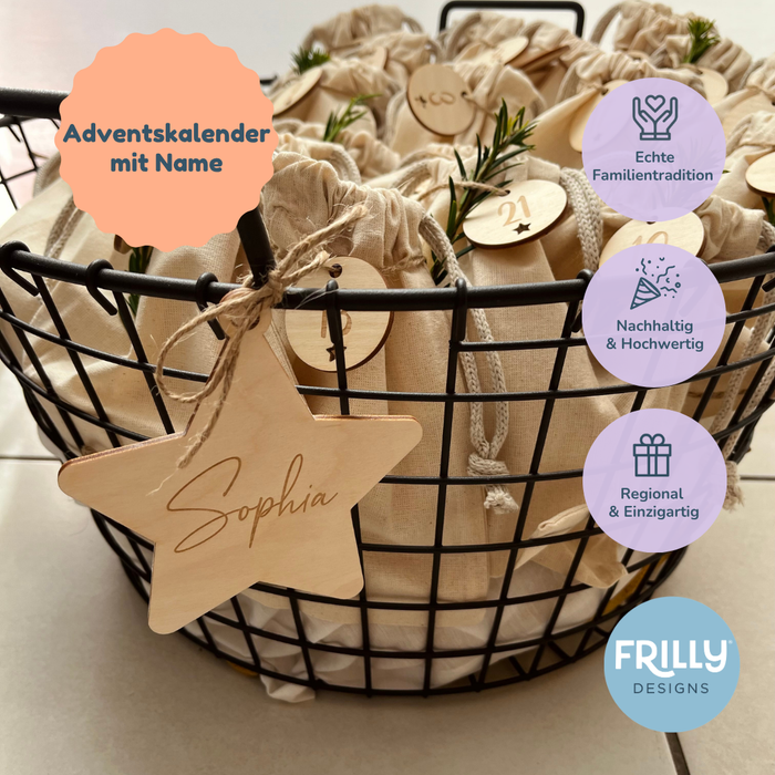 Personalisierter Holz-Adventskalender mit Beuteln | Nachhaltige Weihnachtstradition