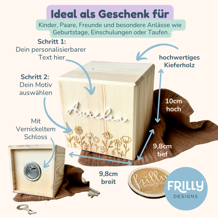 Spardose personalisiert mit Namen, Blumenmotiv aus Holz