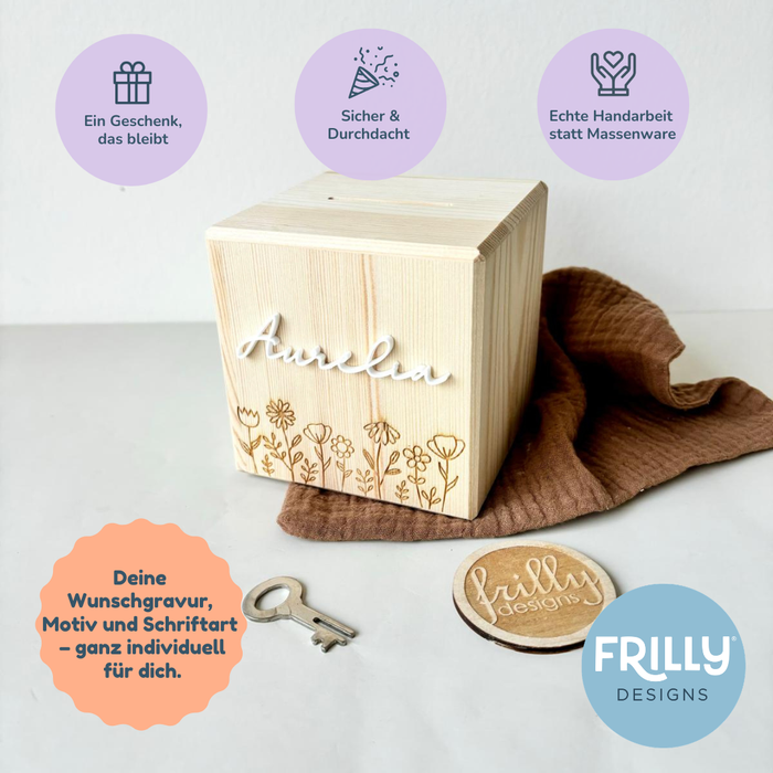 Spardose personalisiert mit Namen, Blumenmotiv aus Holz