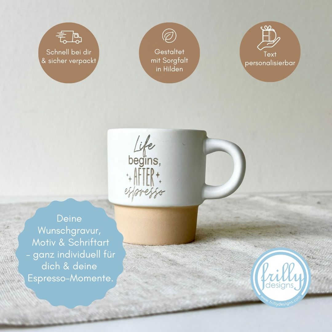 Personalisierte Keramik-Espressotasse - Life begins after Espresso