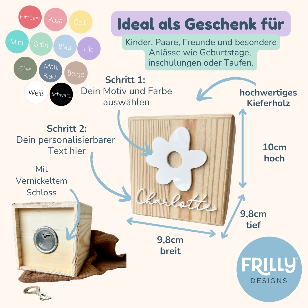 Spardose personalisiert mit Namen, Gänseblümchen aus Holz