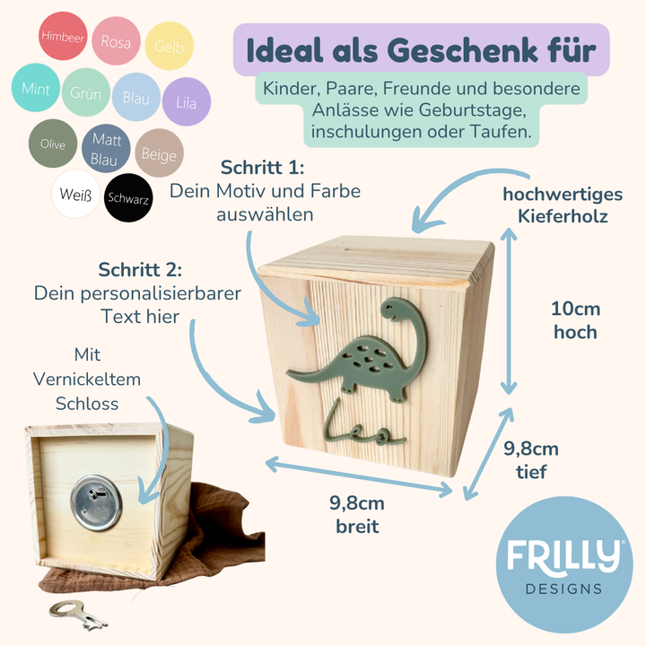 Personalisierte Spardose aus Holz mit Dino-Motiv & 3D-Schrift