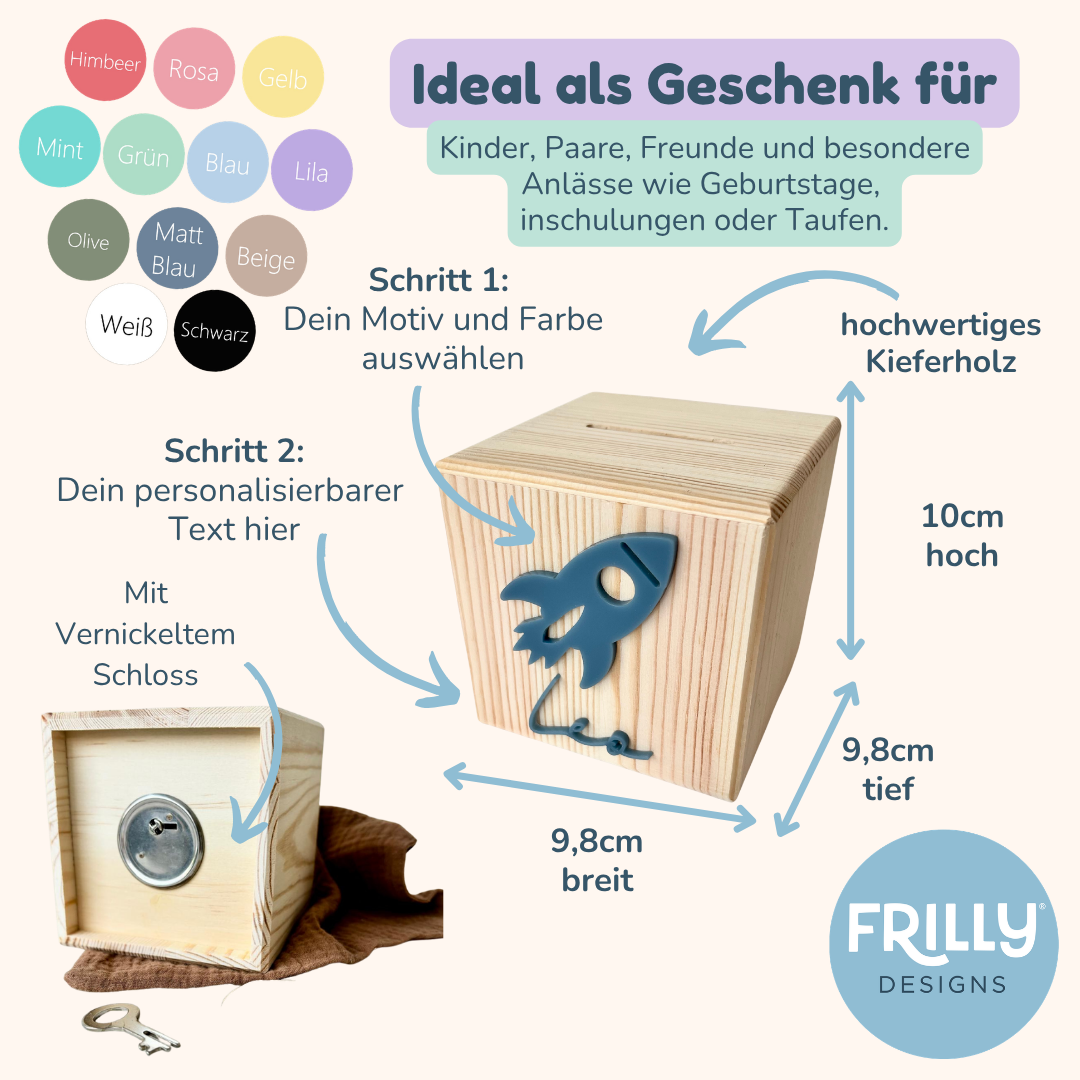 Spardose personalisiert mit Namen, Rakete, Unikat aus Holz