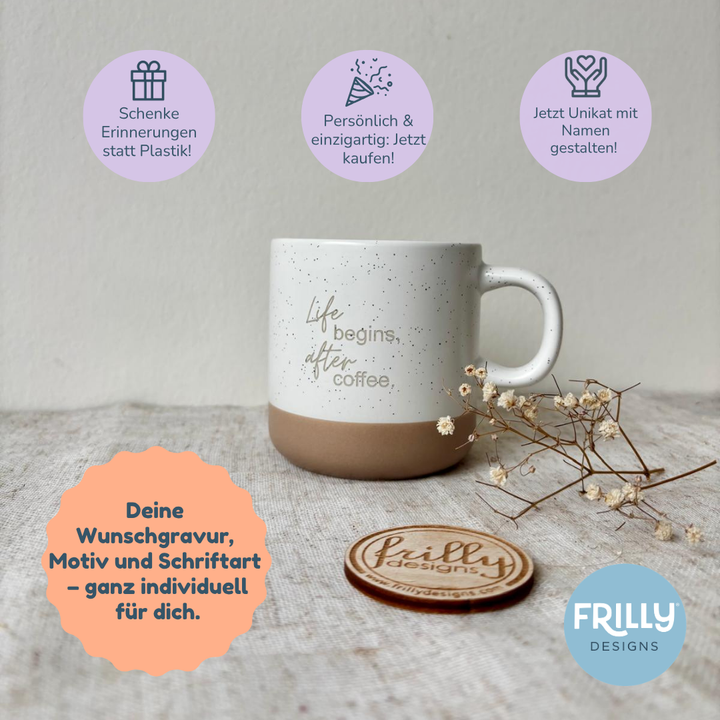 Life begins, after coffee personalisiert Tasse – Steingut Tasse mit Name