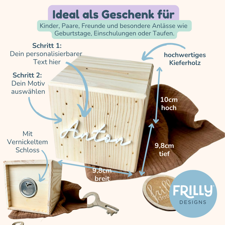 Personalisierte Spardose aus Holz mit Pünktchen & 3D-Schrift