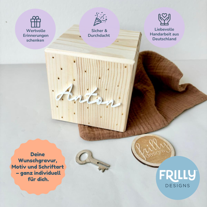 Personalisierte Spardose aus Holz mit Pünktchen & 3D-Schrift