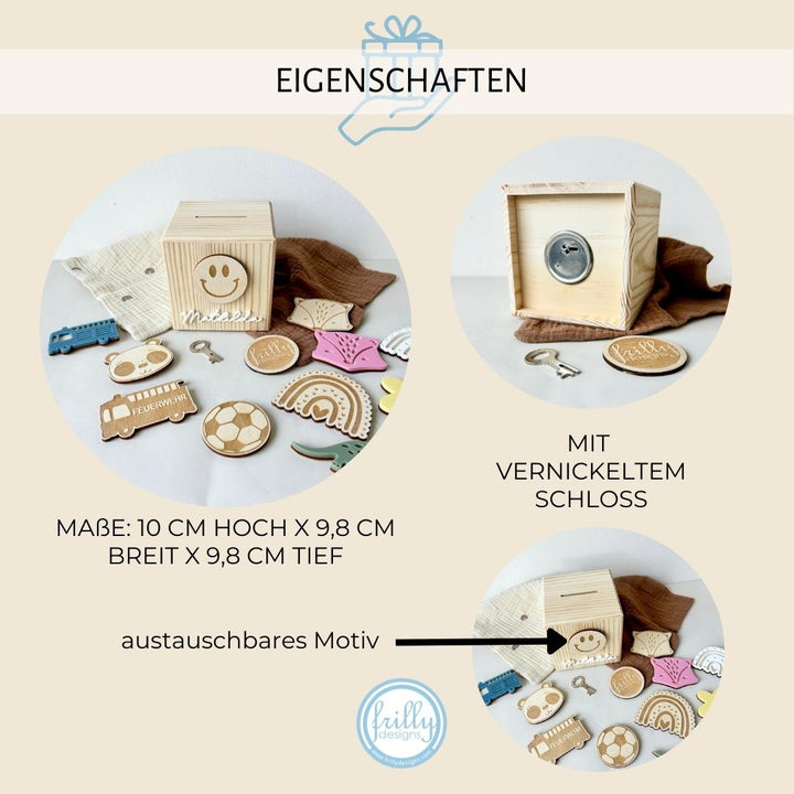 Austauchbar Motivknopfe Spardose mit Name