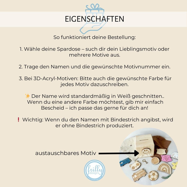 Austauchbar Motivknopfe Spardose mit Name