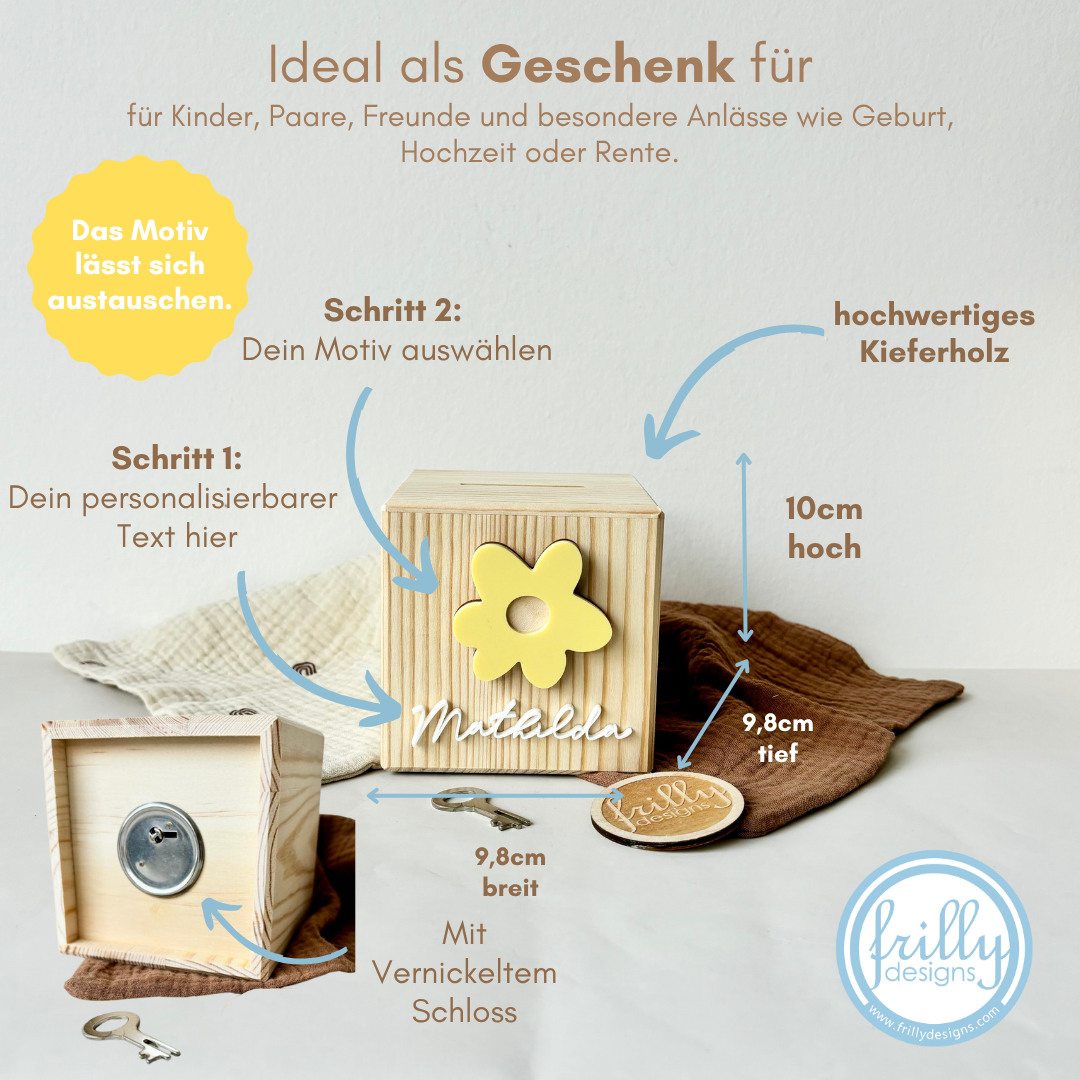Austauchbar Motivknopfe Spardose mit Name